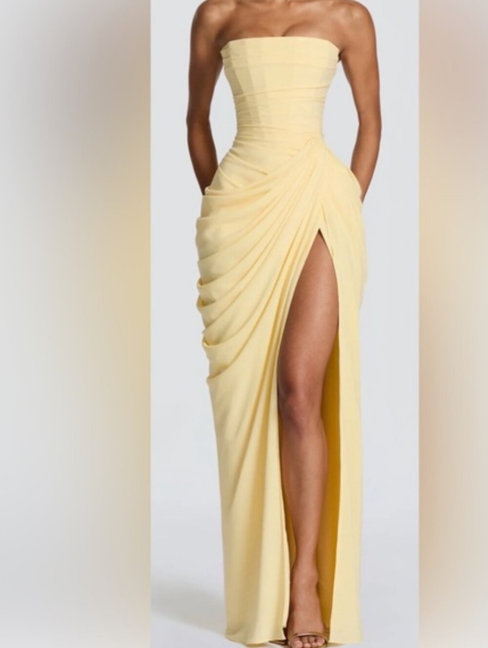 Bright Yellow --> STRAPPLESS- DRAPED Hight SLIT MAXIDRESS